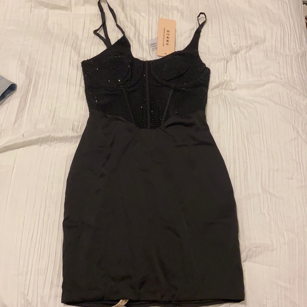 Oh Polly - Black mesh jewel/satin dress